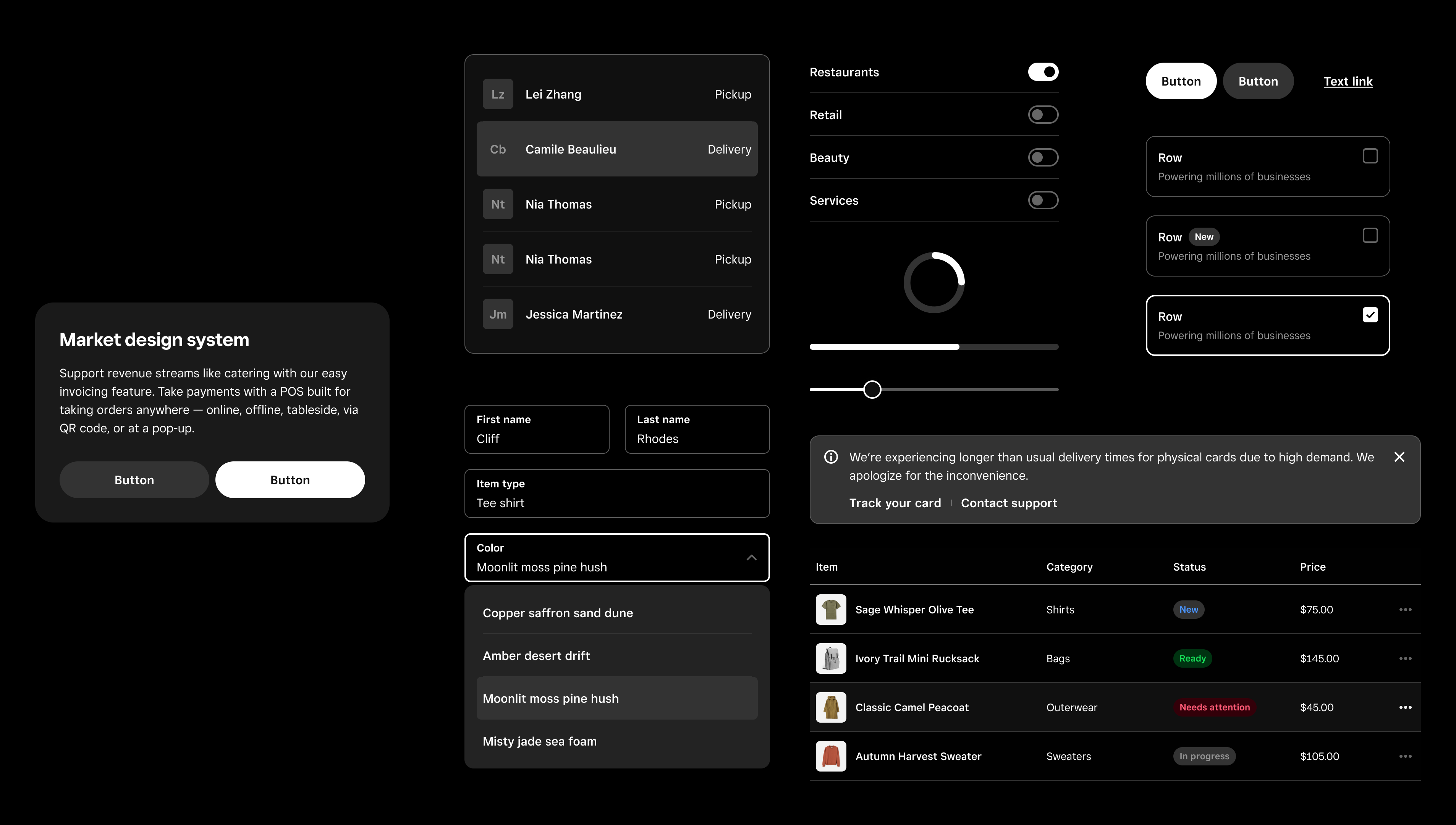 Market components in dark mode (monochrome)