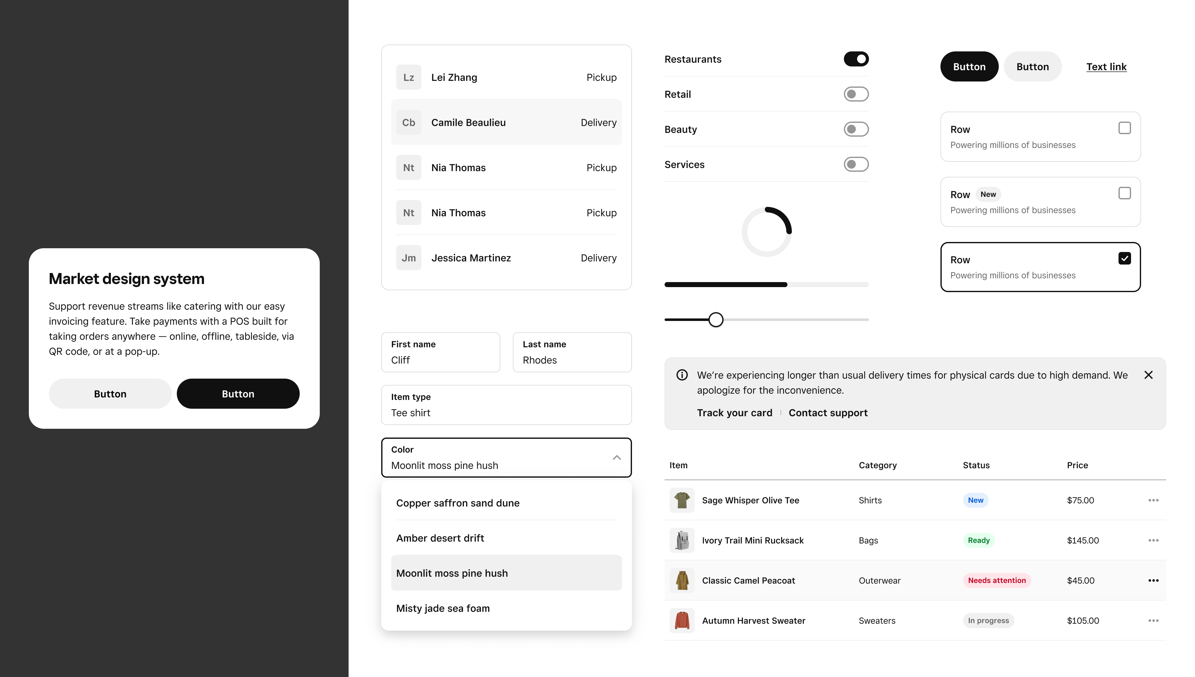 Market components in light mode (monochrome)